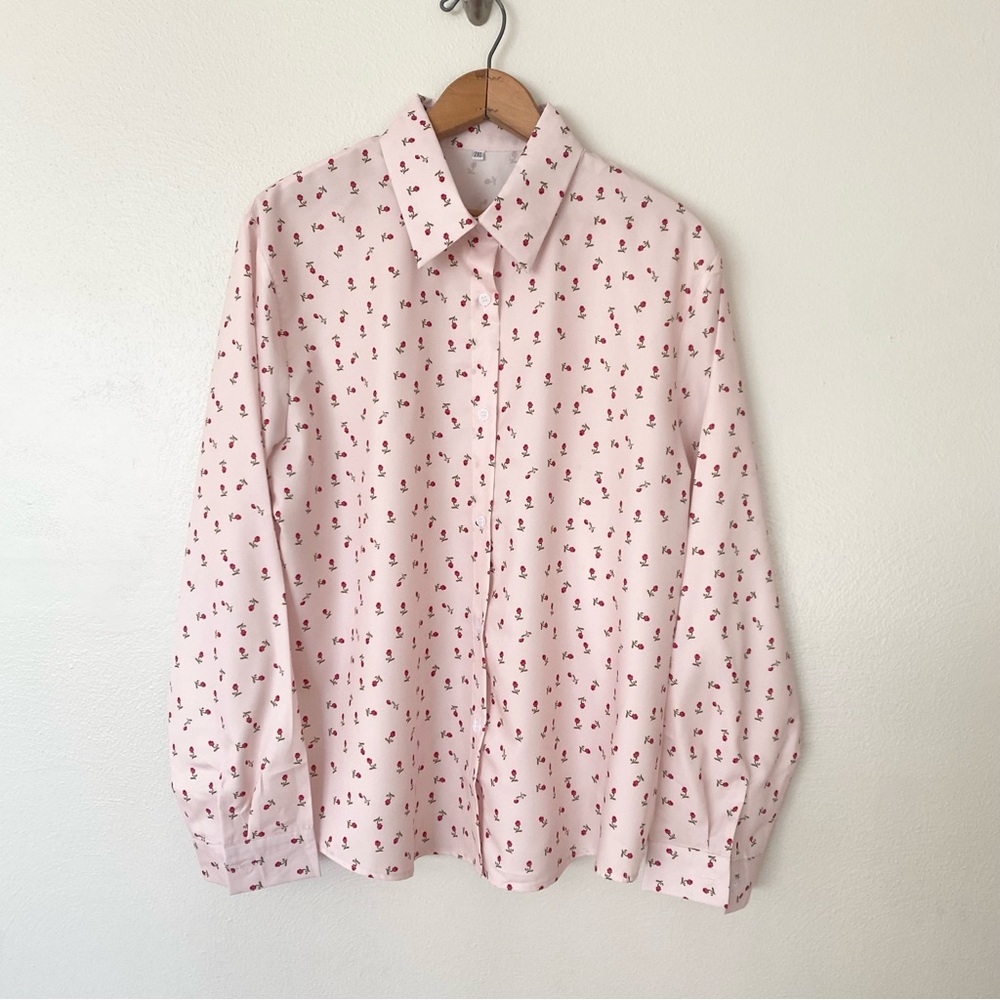Long Sleeve Button Up Blouse Pale Pink Rose Pattern Women's Size 2XL No Tags